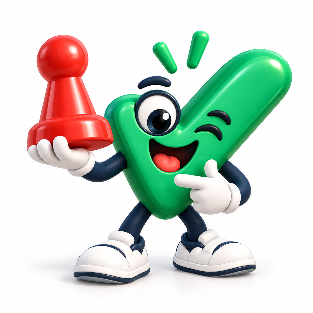Checky hält eine Spielfigur für ein Brettspiel